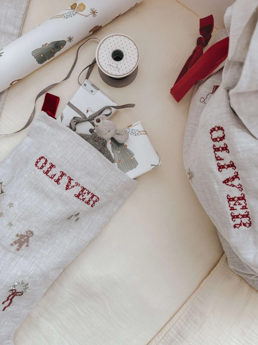 Holiday Pattern Linen Stocking - Image 3